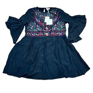 Umgee Dress Boho Bliss Embroidered Women's Small NWT Black 1/2 Bell Sleeve C0384